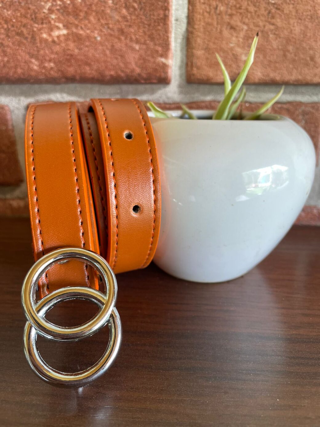 Tan PU Leather double o ring buckle belt